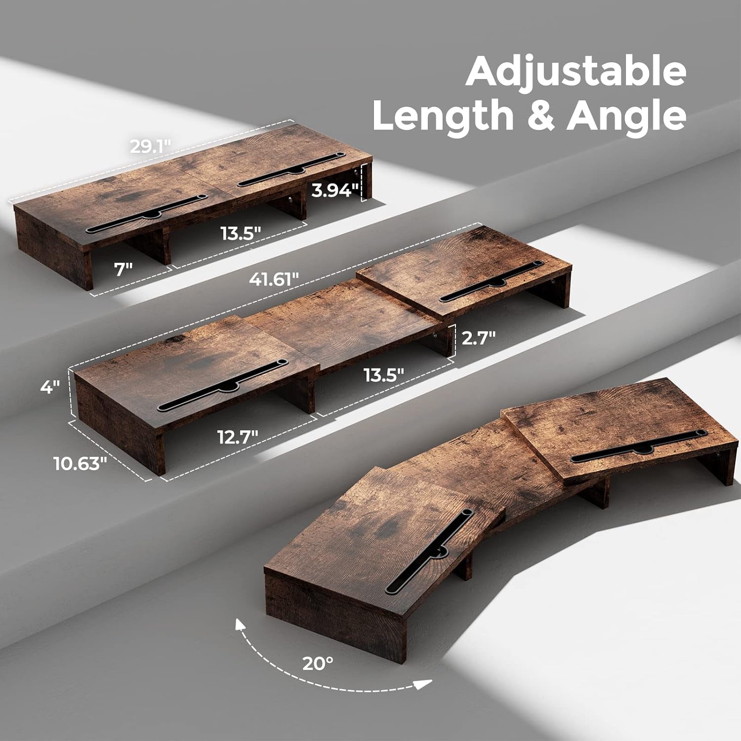[Upgraded] Monitor Stand W/ 2 Slots for Phone & Tablet, Dual Monitor Riser, Length and Angle Adjustable, Computer Stand for Monitor, Laptop, Tablet (Vintage)