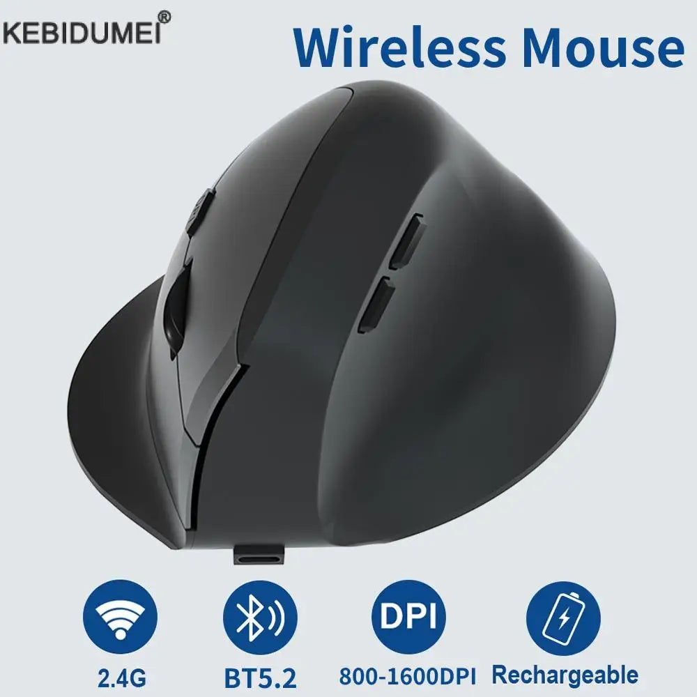 Vertical Ergonomic Wireless Mouse Rechargeable Bluetooth 2.4G USB Mice 1600DPI 6 Mute Buttons for Macbook Tablet Laptop Computer
