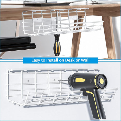 2-Pack Metal under Desk Cable Tray - Organizer, Storage Shelf, 17In White Basket, Screw Mount, Wire Management