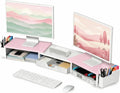 Desk Organizers and Accessories, Dual Monitor Stand Riser with Drawer and 2 Pen Holders, Desk Shelf Computer Racks for Office Workspace Organizers, Desktop Organization (Pink-White)