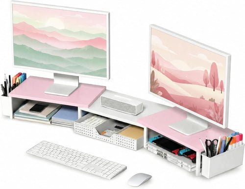 Desk Organizers and Accessories, Dual Monitor Stand Riser with Drawer and 2 Pen Holders, Desk Shelf Computer Racks for Office Workspace Organizers, Desktop Organization (Pink-White)