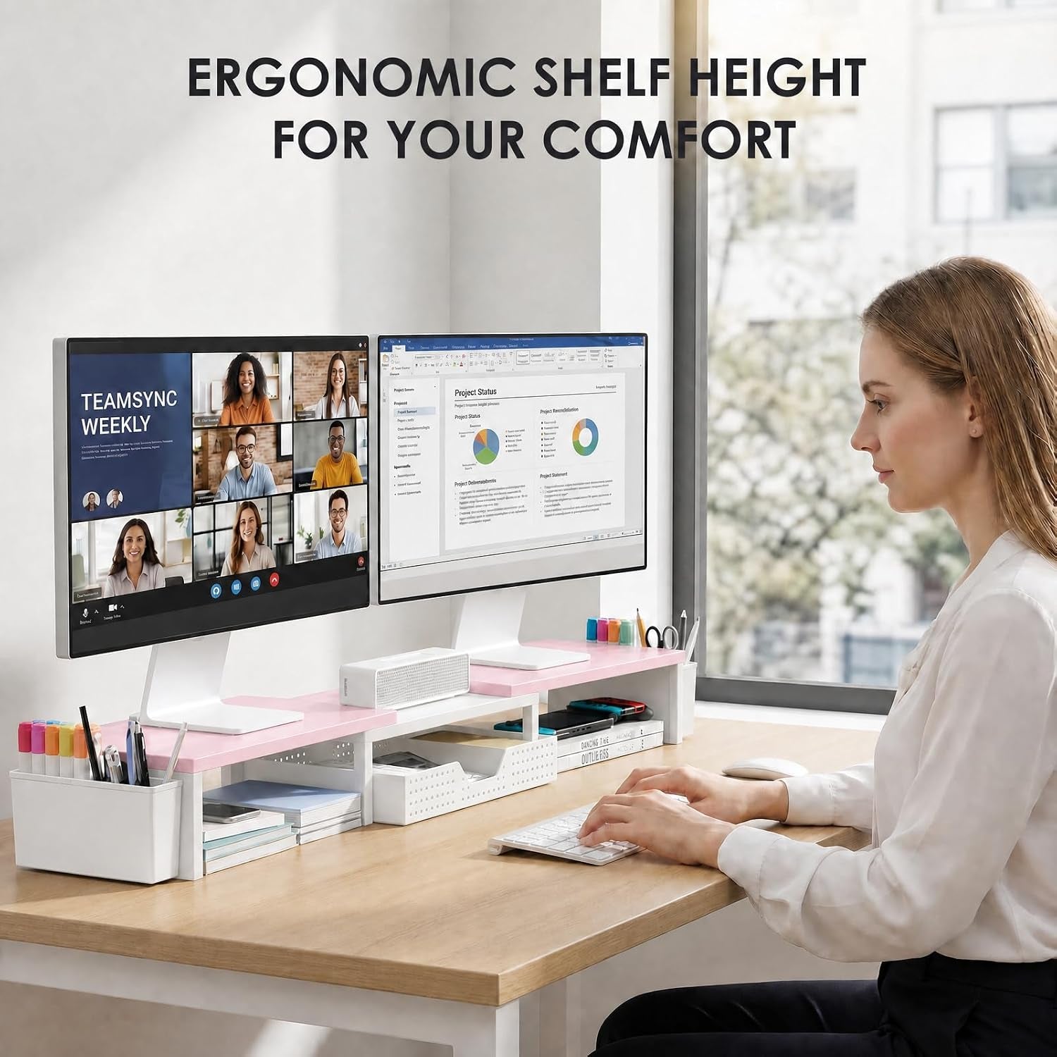 Desk Organizers and Accessories, Dual Monitor Stand Riser with Drawer and 2 Pen Holders, Desk Shelf Computer Racks for Office Workspace Organizers, Desktop Organization (Pink-White)