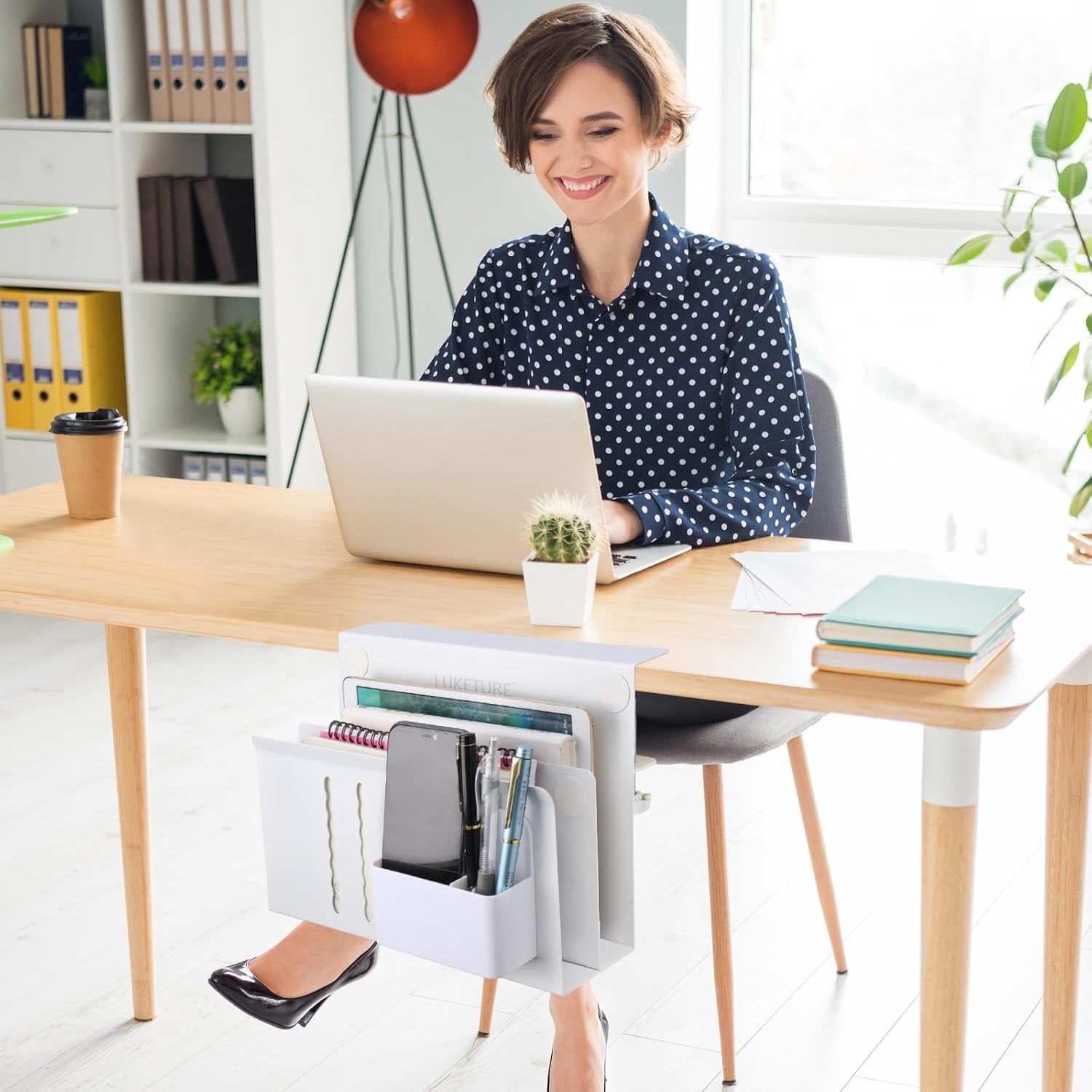 Desk Side Storage, 2 Tier under Desk Laptop Mount with Pen Slot | Sturdy Steel Double Tier Strong, Magnetic Pen Holder, No Drill Clamp for Standing Desk Organizer, Fits 0.3-2.8" (White)