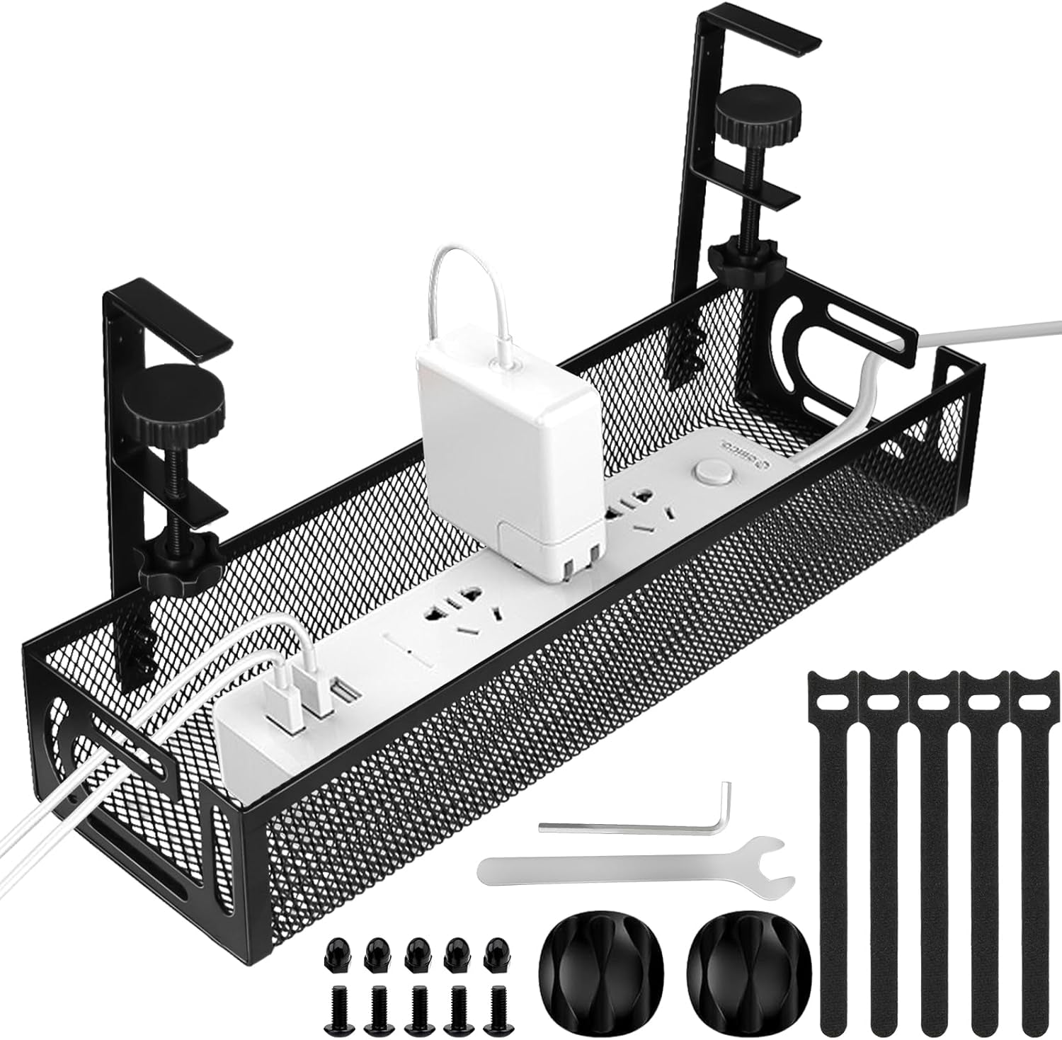 No-Drill Clamp-On Under-Desk Cable Management Tray