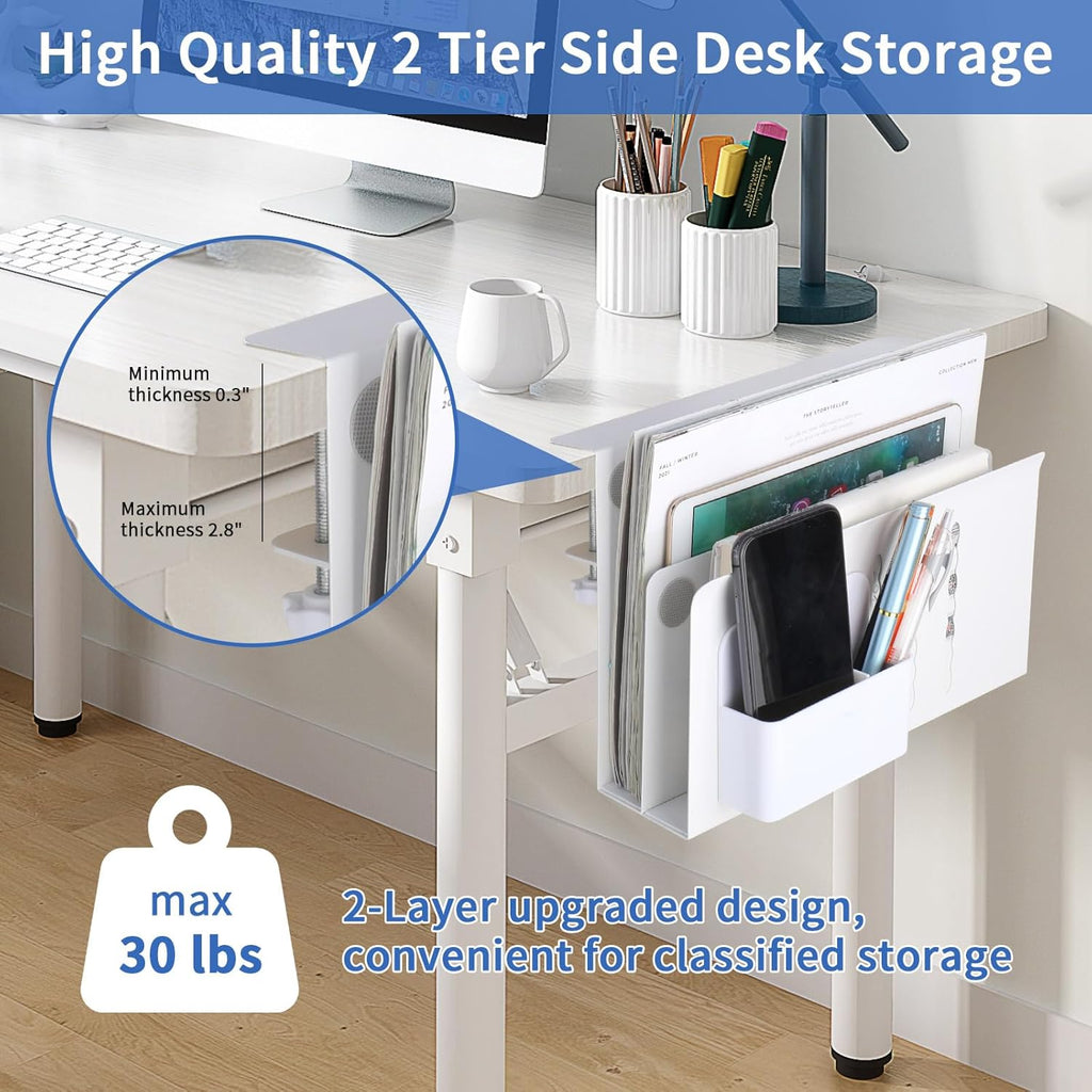 Desk Side Storage, 2 Tier under Desk Laptop Mount with Pen Slot | Sturdy Steel Double Tier Strong, Magnetic Pen Holder, No Drill Clamp for Standing Desk Organizer, Fits 0.3-2.8" (White)