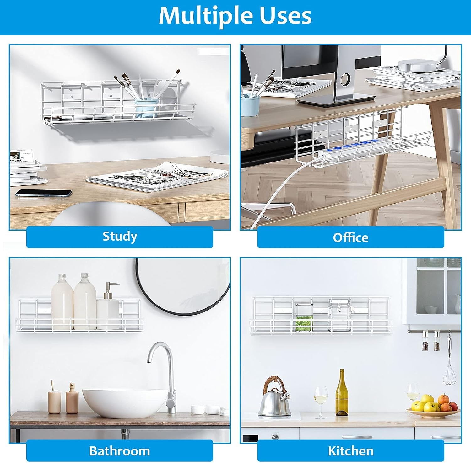 2-Pack Metal under Desk Cable Tray - Organizer, Storage Shelf, 17In White Basket, Screw Mount, Wire Management