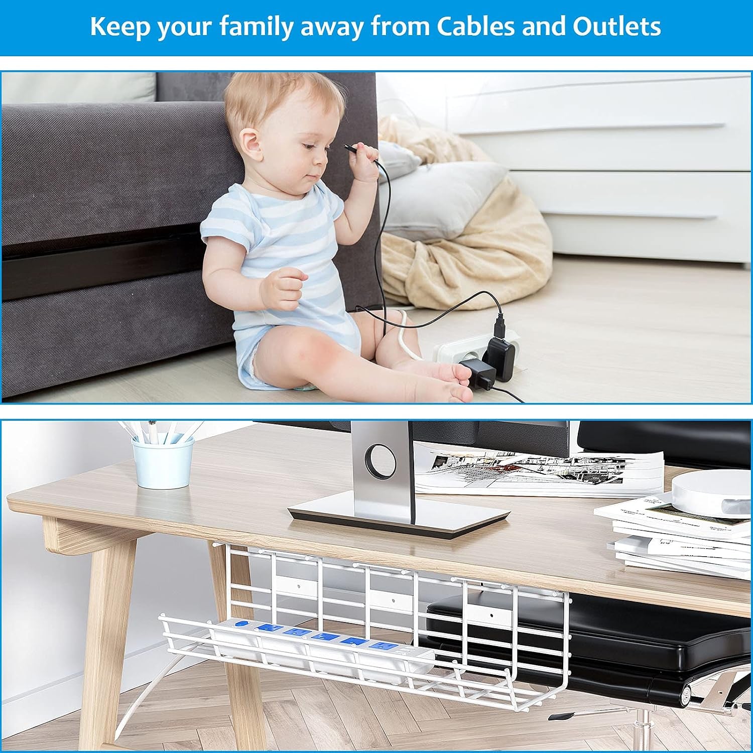 2-Pack Metal under Desk Cable Tray - Organizer, Storage Shelf, 17In White Basket, Screw Mount, Wire Management