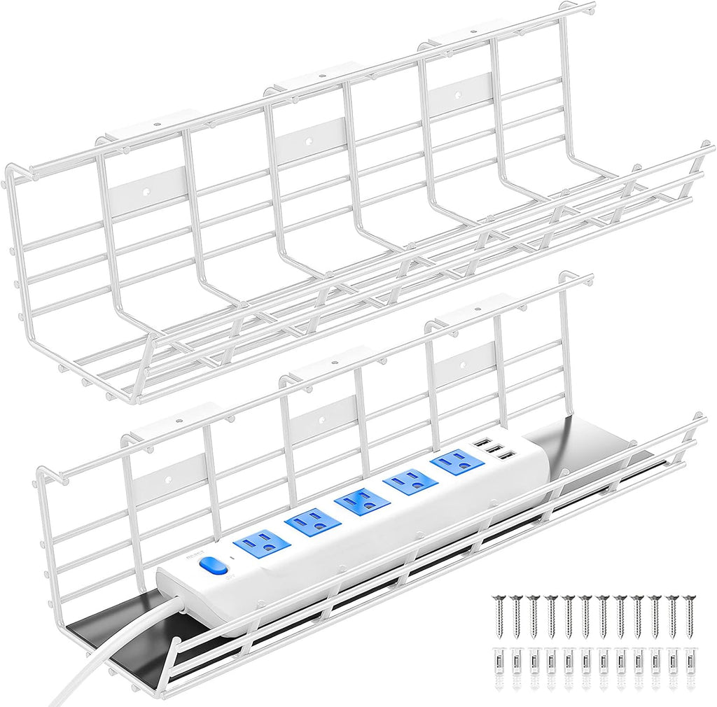2-Pack Metal under Desk Cable Tray - Organizer, Storage Shelf, 17In White Basket, Screw Mount, Wire Management