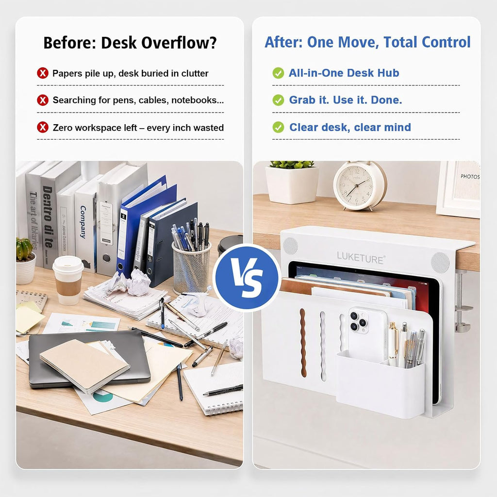 Desk Side Storage, 2 Tier under Desk Laptop Mount with Pen Slot | Sturdy Steel Double Tier Strong, Magnetic Pen Holder, No Drill Clamp for Standing Desk Organizer, Fits 0.3-2.8" (White)