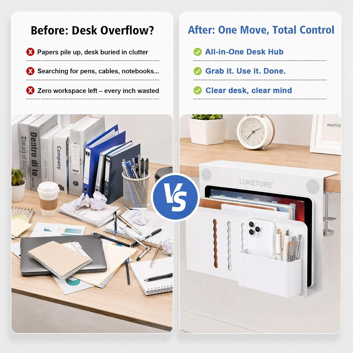Desk Side Storage, 2 Tier under Desk Laptop Mount with Pen Slot | Sturdy Steel Double Tier Strong, Magnetic Pen Holder, No Drill Clamp for Standing Desk Organizer, Fits 0.3-2.8" (White)