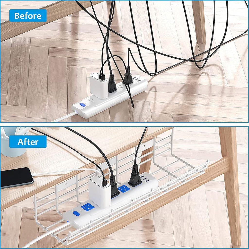2-Pack Metal under Desk Cable Tray - Organizer, Storage Shelf, 17In White Basket, Screw Mount, Wire Management
