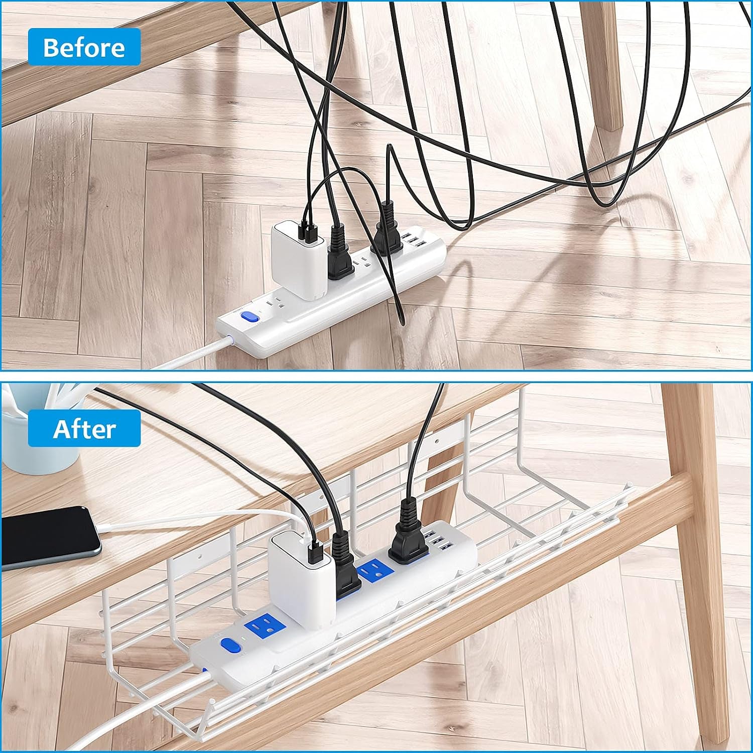 2-Pack Metal under Desk Cable Tray - Organizer, Storage Shelf, 17In White Basket, Screw Mount, Wire Management