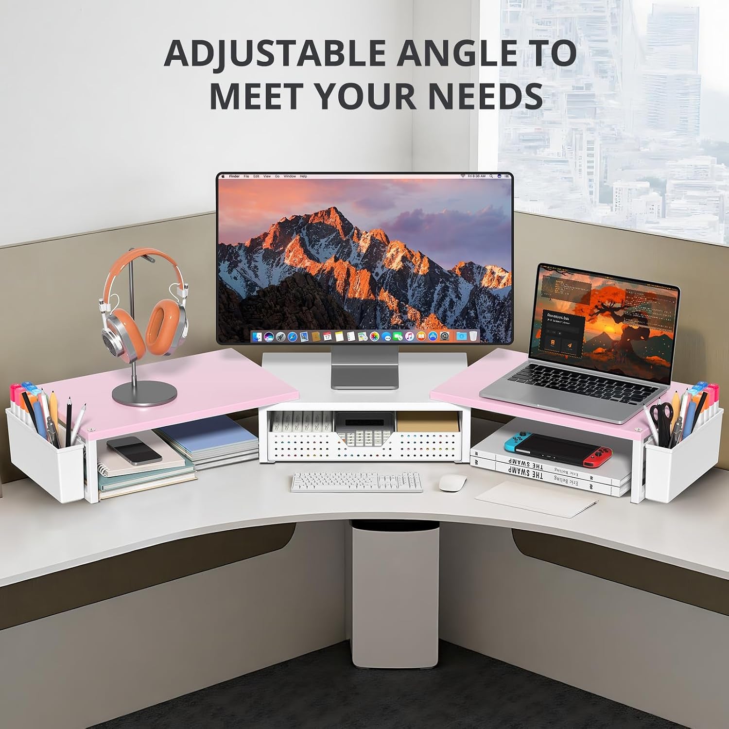 Desk Organizers and Accessories, Dual Monitor Stand Riser with Drawer and 2 Pen Holders, Desk Shelf Computer Racks for Office Workspace Organizers, Desktop Organization (Pink-White)