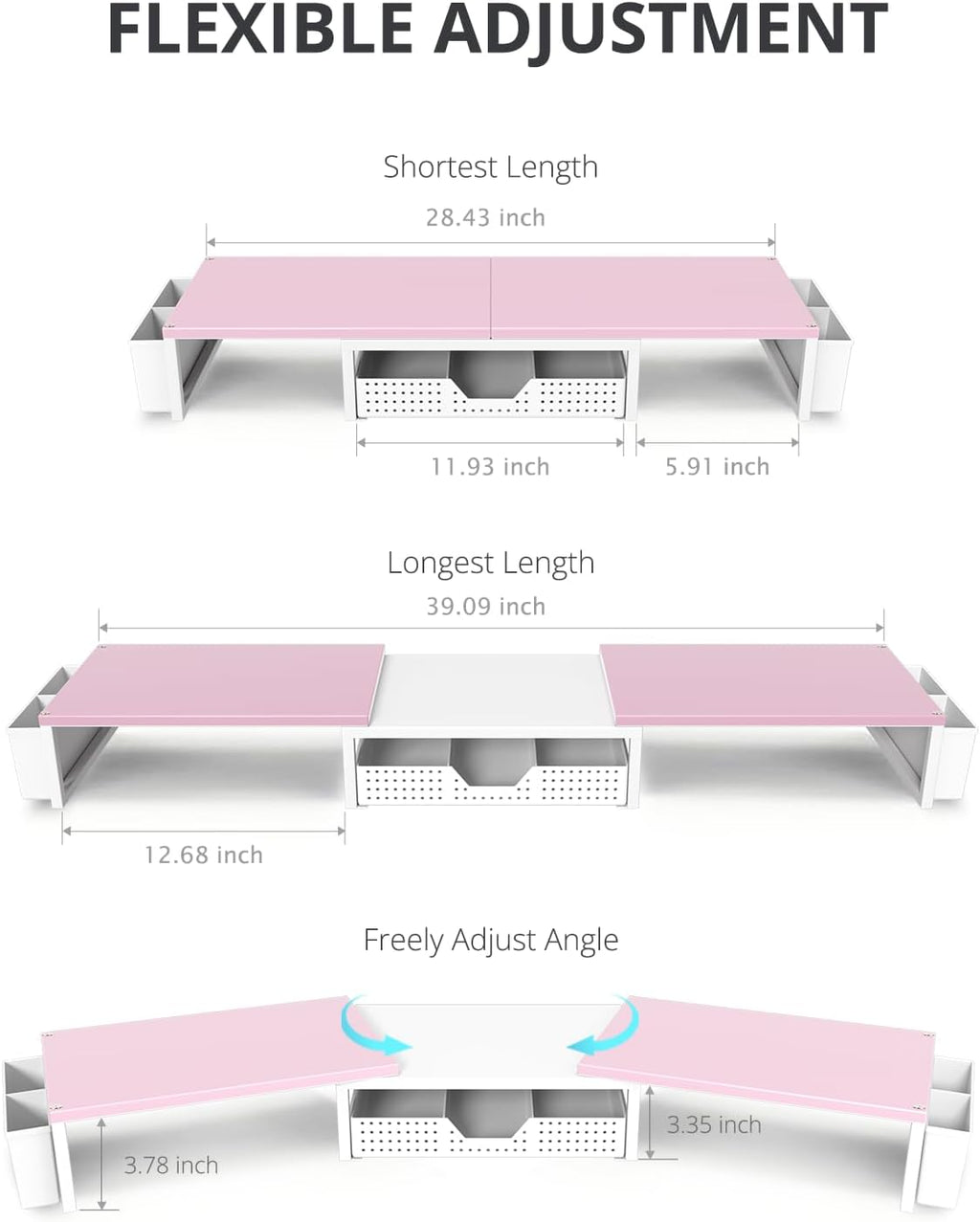 Desk Organizers and Accessories, Dual Monitor Stand Riser with Drawer and 2 Pen Holders, Desk Shelf Computer Racks for Office Workspace Organizers, Desktop Organization (Pink-White)