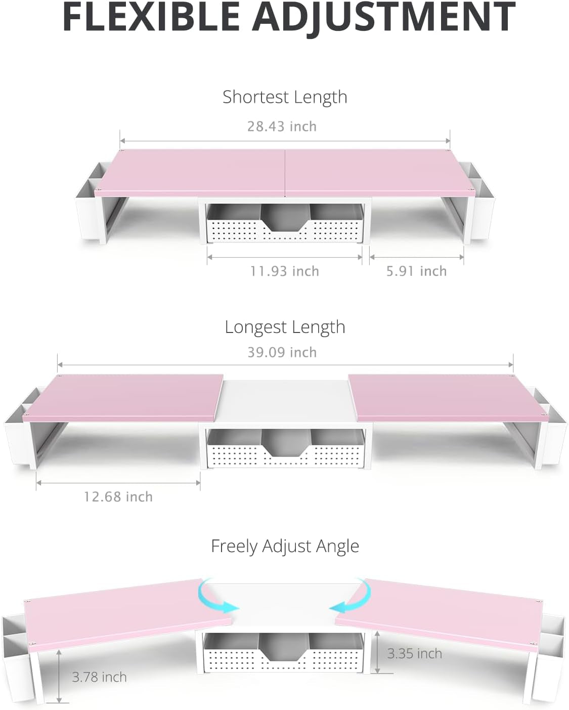 Desk Organizers and Accessories, Dual Monitor Stand Riser with Drawer and 2 Pen Holders, Desk Shelf Computer Racks for Office Workspace Organizers, Desktop Organization (Pink-White)
