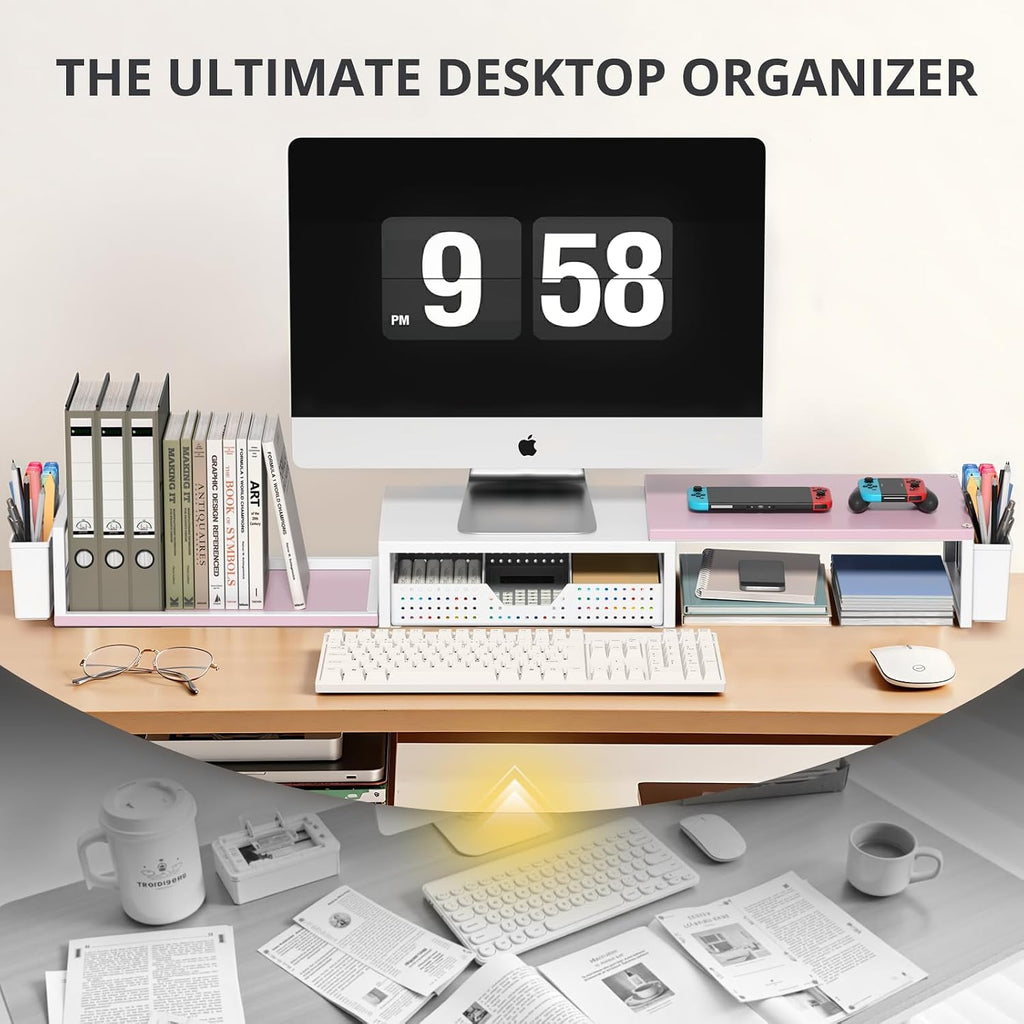 Desk Organizers and Accessories, Dual Monitor Stand Riser with Drawer and 2 Pen Holders, Desk Shelf Computer Racks for Office Workspace Organizers, Desktop Organization (Pink-White)