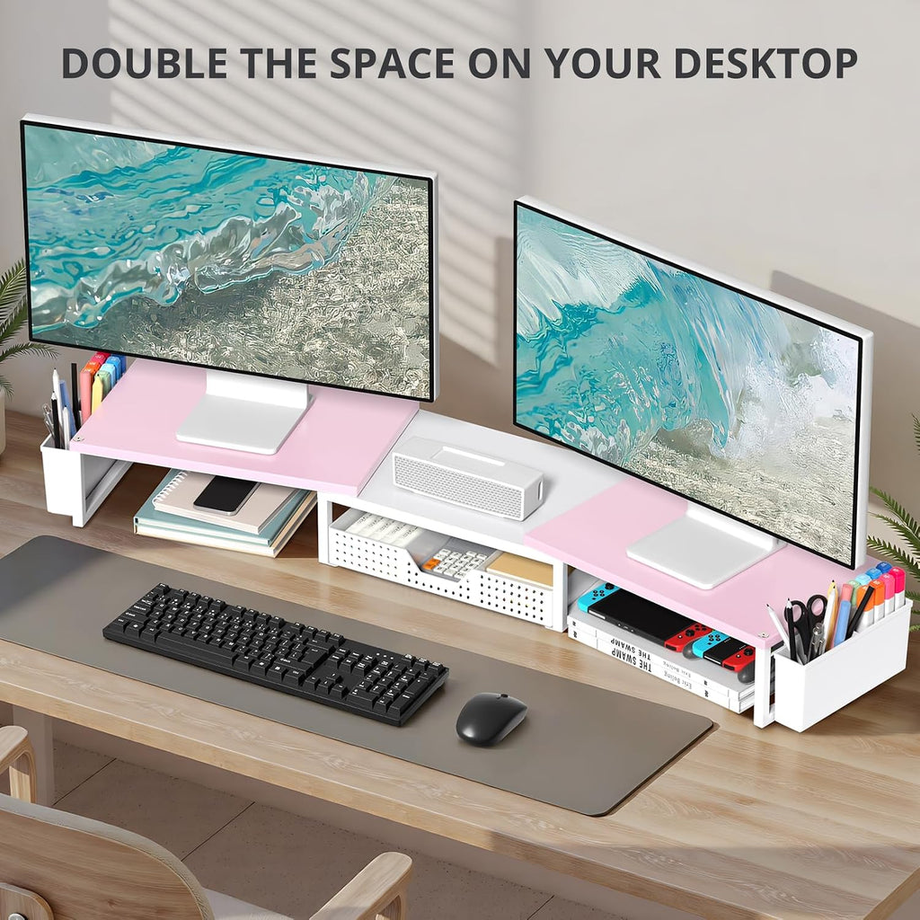 Desk Organizers and Accessories, Dual Monitor Stand Riser with Drawer and 2 Pen Holders, Desk Shelf Computer Racks for Office Workspace Organizers, Desktop Organization (Pink-White)