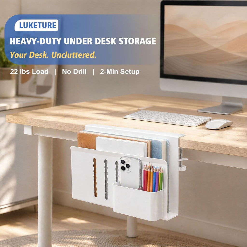 Desk Side Storage, 2 Tier under Desk Laptop Mount with Pen Slot | Sturdy Steel Double Tier Strong, Magnetic Pen Holder, No Drill Clamp for Standing Desk Organizer, Fits 0.3-2.8" (White)