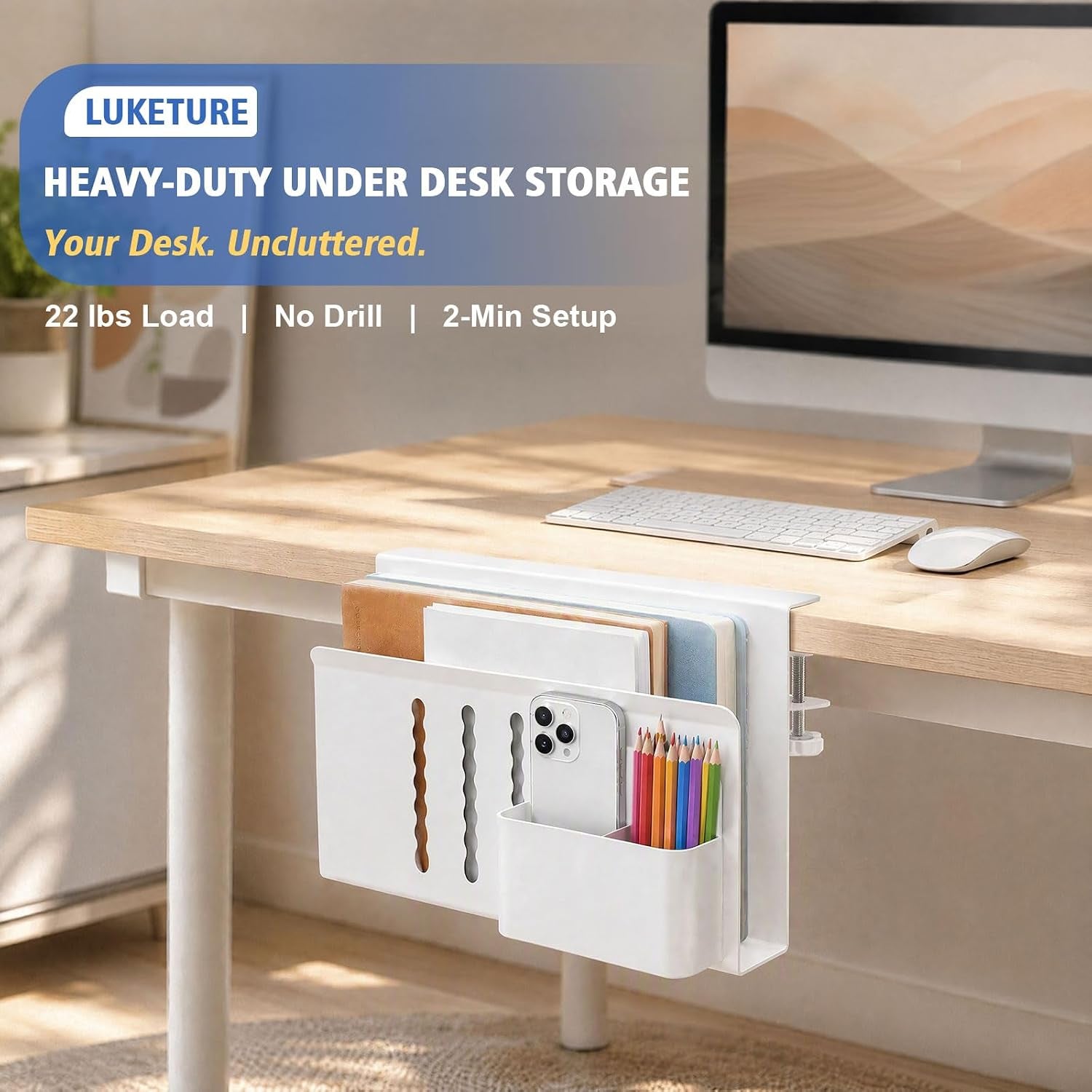 Desk Side Storage, 2 Tier under Desk Laptop Mount with Pen Slot | Sturdy Steel Double Tier Strong, Magnetic Pen Holder, No Drill Clamp for Standing Desk Organizer, Fits 0.3-2.8" (White)